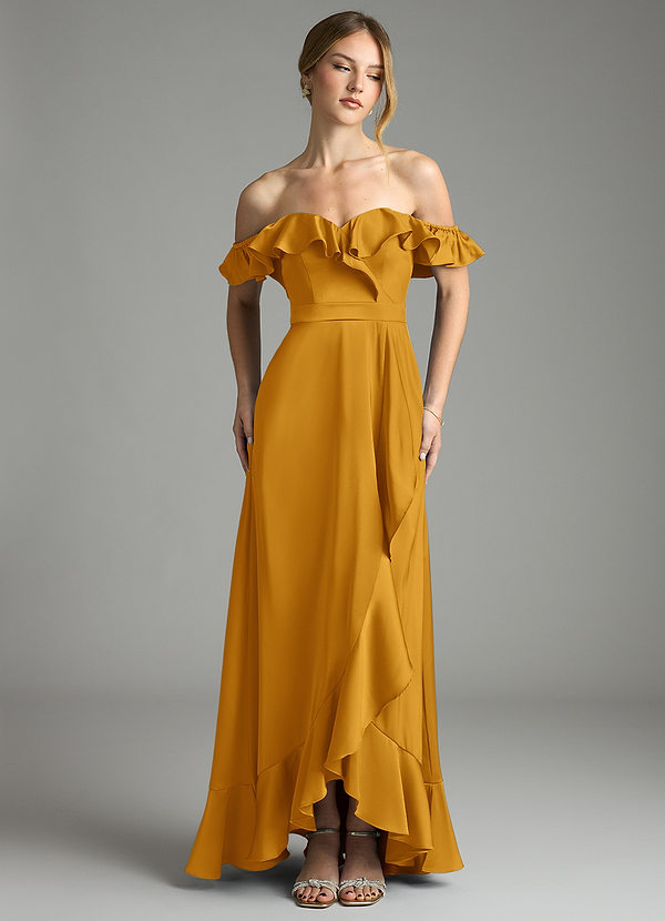 Azazie Lyra Bridesmaid Dresses Butterscotch A-Line Off the Shoulder Stretch Satin Convertible Dress image1