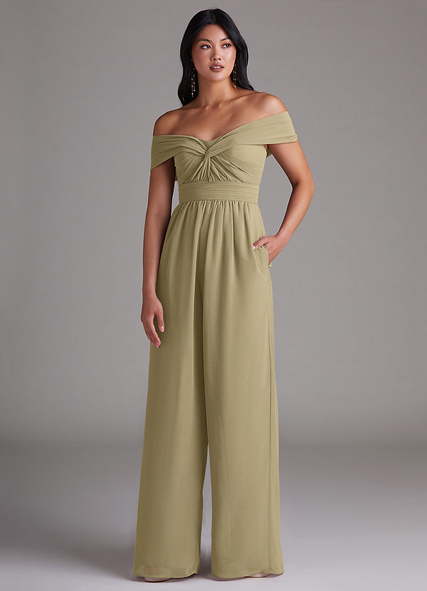 Azazie Lamara Robes Demoiselle d'honneur Combinaison Convertible en Mousseline de soie Épaule décolletée Vert Mousse image1