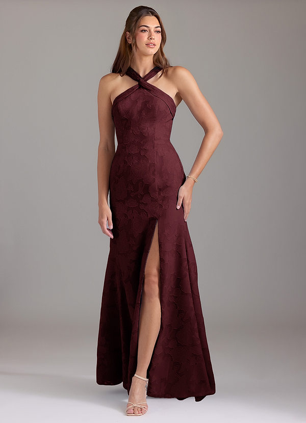 Azazie Rue Abiti da Damigella Abito A-Line in Burnout Floreale Plissettato Cabernet image1
