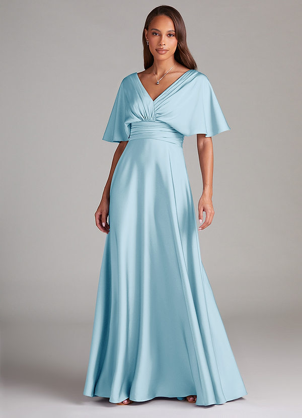 Azazie Pamela Robes Demoiselle d'honneur Robe Trapèze en Satin extensible Plissée Bleu Ciel image1