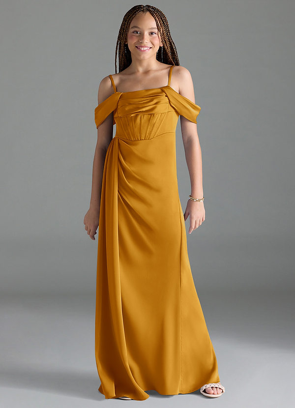 Azazie Amyra Junior Butterscotch Sheath Off the Shoulder Stretch Satin Dress image1