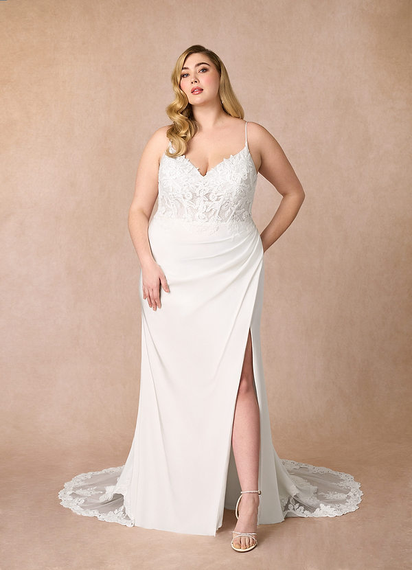 Azazie Rosalina Brautkleider Meerjungfrau-Linie V-Hals Spitze Satin mit Krepprücken Kleid Diamantweiß image1