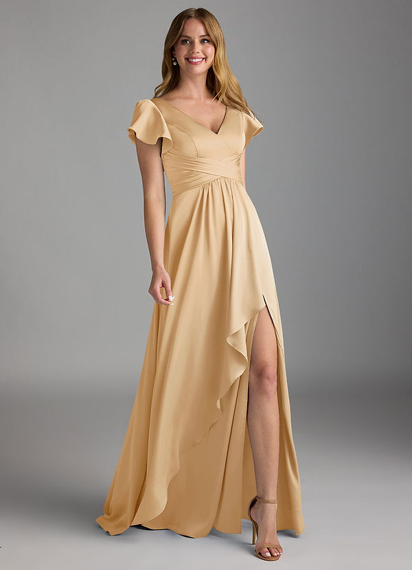 Azazie Omari Bruidsmeisjes Jurken Jurk van Stretch Satijn met A-Lijn Goud image1