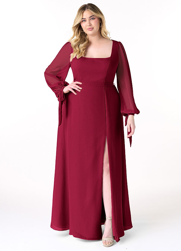 Azazie Leonia Brautjungfernkleider A-Linie Langarm Chiffon Kleid Burgunderrot image1