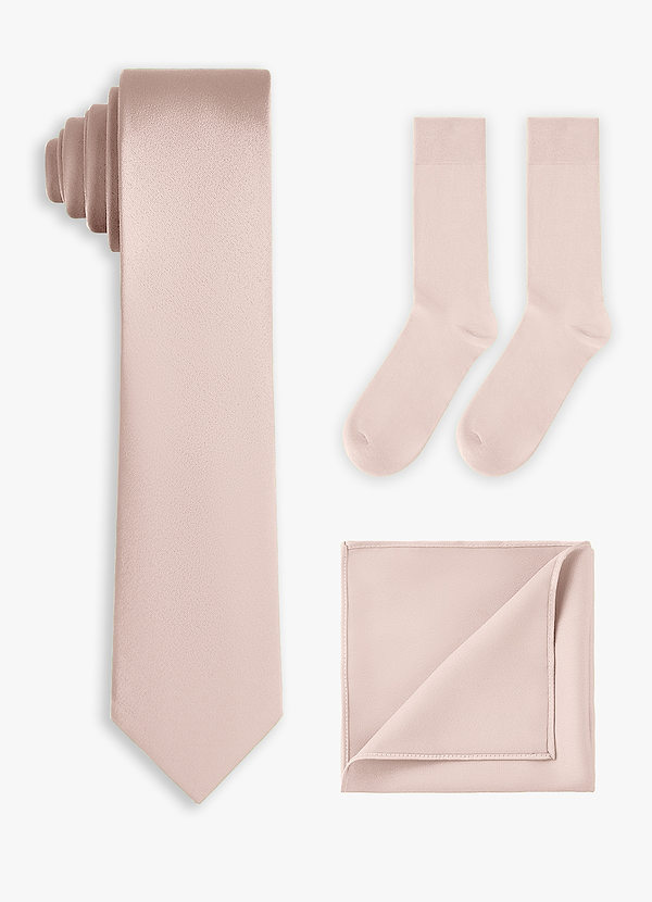 front Set coordinato di cravatta sottile in raso elasticizzato, fazzoletto da taschino e calzini