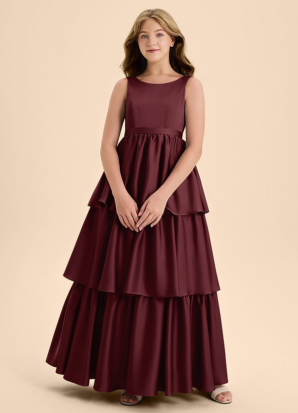 Azazie Meadowyn Junior Cabernet A-Line Bow Stretch Satin Dress image1