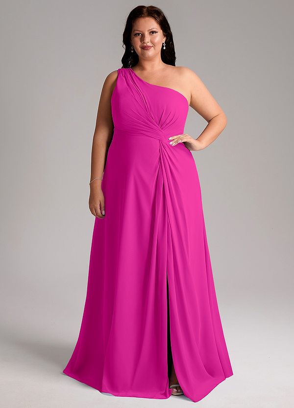 Azazie Brooke Robes Demoiselle d'honneur Robe Trapèze en Mousseline de soie Ue épaule Fuchsia image1