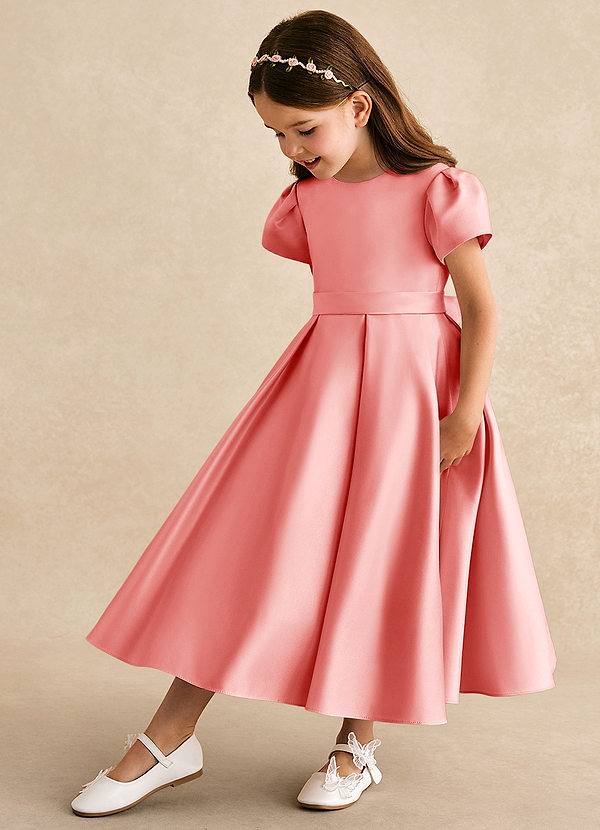 Azazie Princess Flower Girl Dresses Coral A-Line Pleated Matte Satin Dress image1