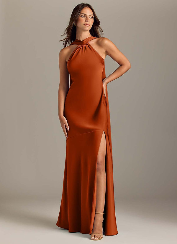 Azazie Kinsley Bridesmaid Dresses Burnt Orange Mermaid Side Slit Stretch Satin Dress image1