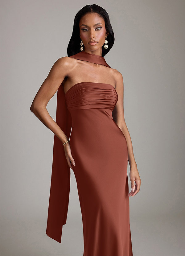 Azazie Saylor Vestidos Dama de Honor Vestido de Castaño de Satén Elástico de Corte Sirena con Sin tirantes image1