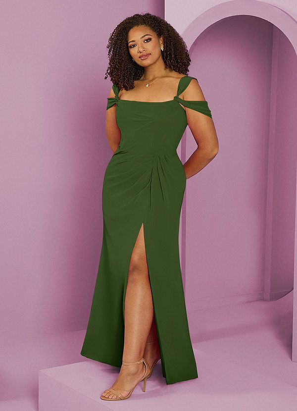 Barbie ♥ Azazie Robes Demoiselle d'honneur Robe Trapèze en Mousseline de soie Épaule décolletée Olive image1