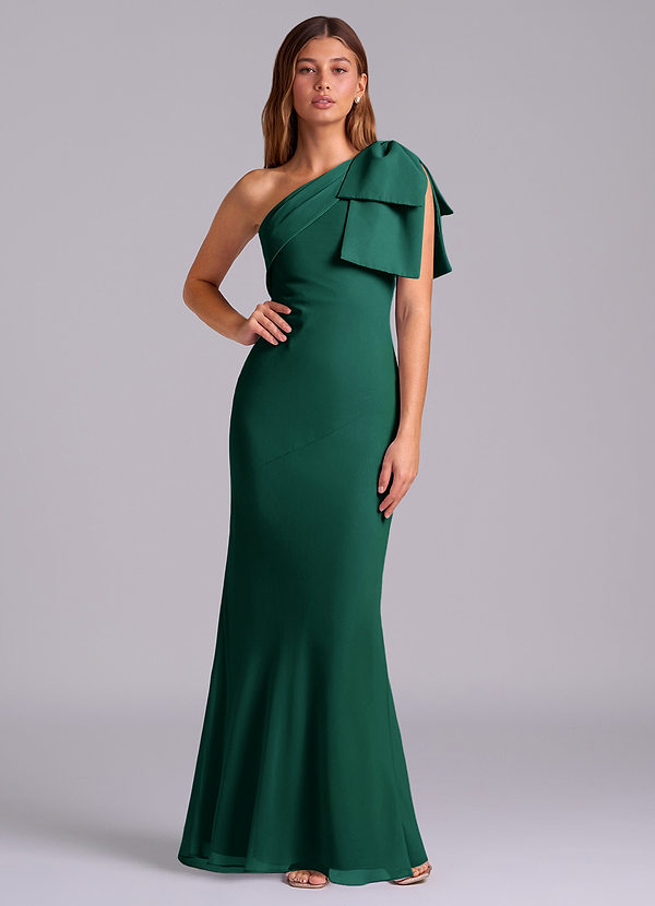 Azazie Yuanna Bridesmaid Dresses Emerald Mermaid One Shoulder Chiffon Dress image1