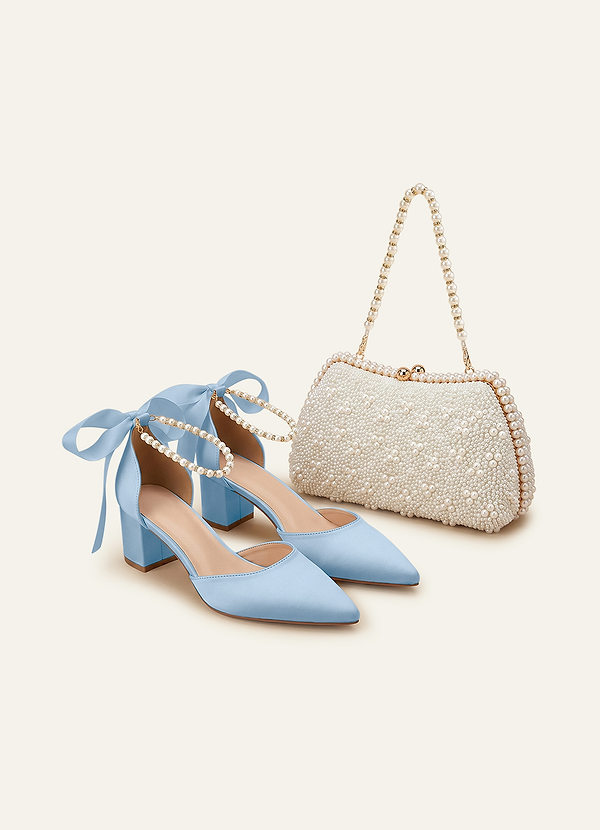 front Matching Color Matte Satin Pearl and Bow Pointed Toe Block Heels & Beaded Clutch Set