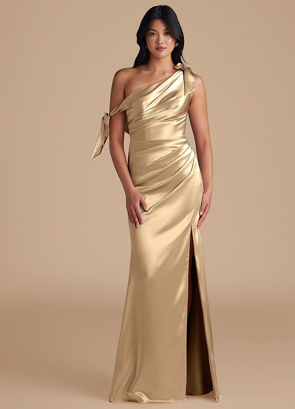 Azazie Xyla Bridesmaid Dresses Champagne Sheath Off the Shoulder Metallic Satin Convertible Dress image1
