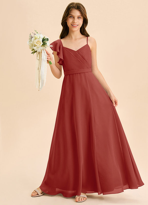 Azazie Kelsea Junior Abito A-Line in Chiffon Increspato Terracotta image1