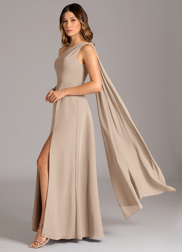 Azazie Tella Bridesmaid Dresses Taupe A-Line One Shoulder Chiffon Dress image1