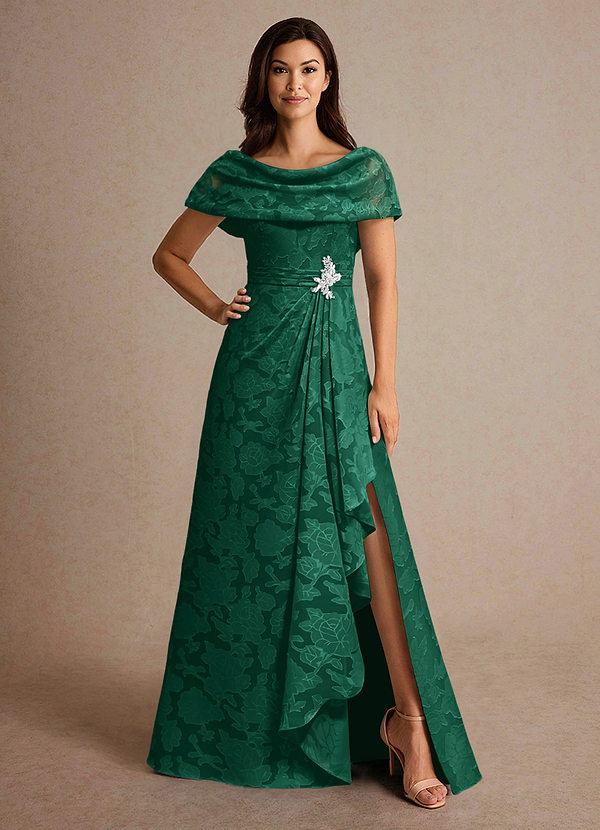 Azazie Branford Vestidos de Madre de la Novia Vestido de Esmeralda de Devorado Floral de Corte En A con Plisado image1
