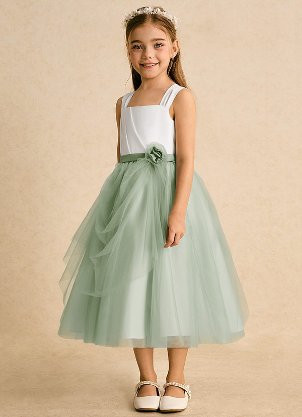 Azazie Bonny Flower Girl Dresses Ivory Dusty Sage Ball-Gown Pleated Tulle Dress image1