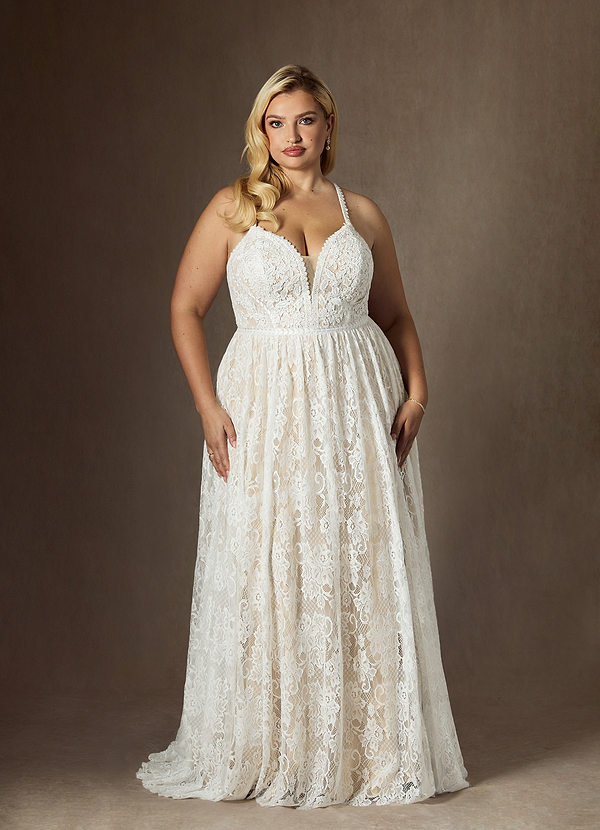 Azazie August Wedding Dresses Diamond White Champagne A-Line Lace Dress image1