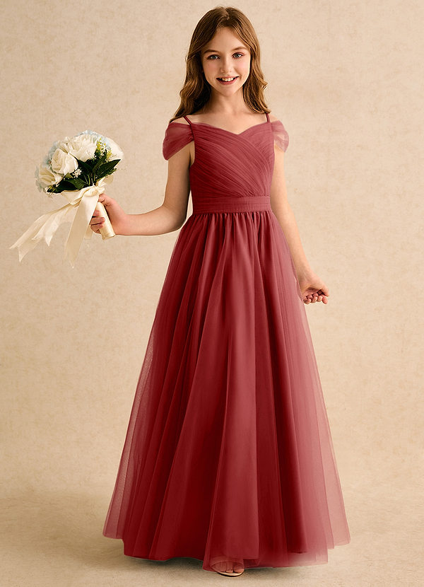 Azazie Yuna Girls Formal Abiti da Ragazza di Fiori Abito A-Line in Tulle a Spalla Scoperta Ruggine image1