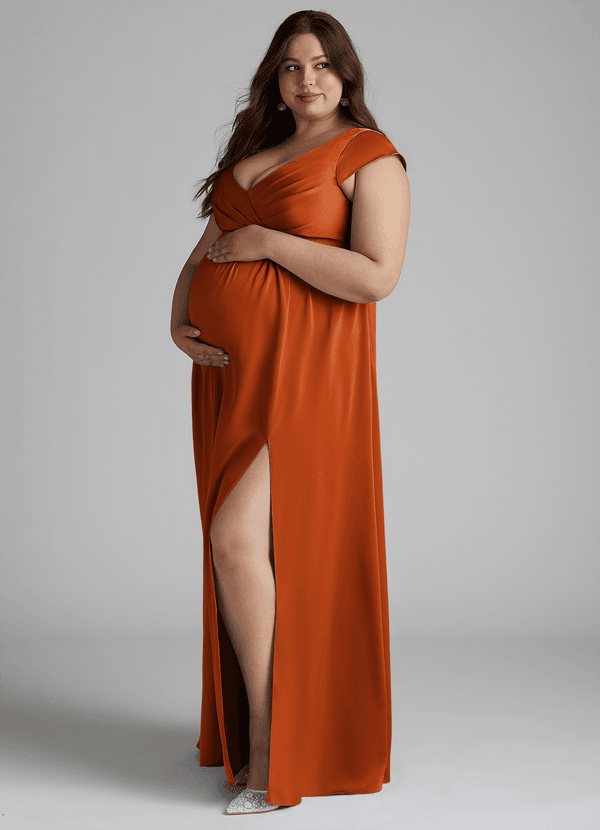 Azazie Allessia Maternity Bridesmaid Dresses A-Line Pleated Stretch Satin Floor-Length Dress image1