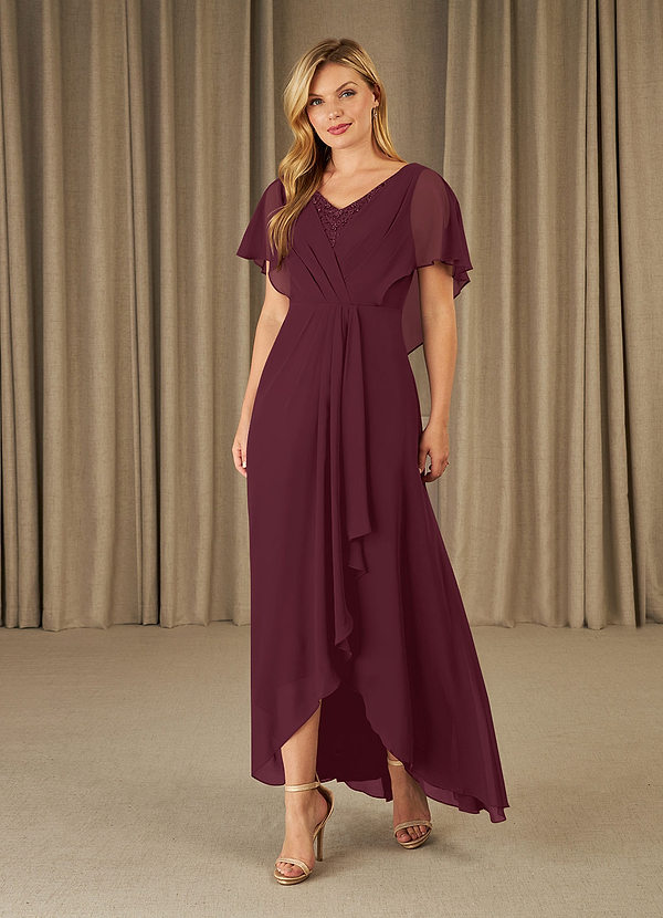 Azazie Eliza Mother of the Bride Dresses Cabernet A-Line V-Neck Pleated Chiffon Dress image1