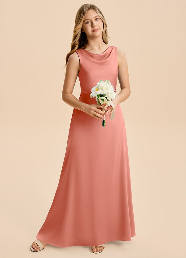 Azazie Kiki Junior Salmon Pink A-Line Bow Stretch Satin Dress image1
