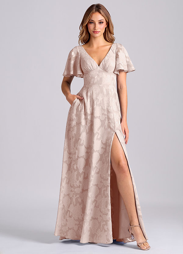 Azazie Kimber 신부 들러리 드레스 A라인 포켓이 있는 플로럴 번아웃 바닥 길이 드레스 image1