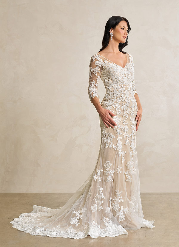 Azazie Neela Vestidos de Novia Vestido de Blanco Diamante Arena de Tul de Corte Sirena con Encaje cuello pico image1