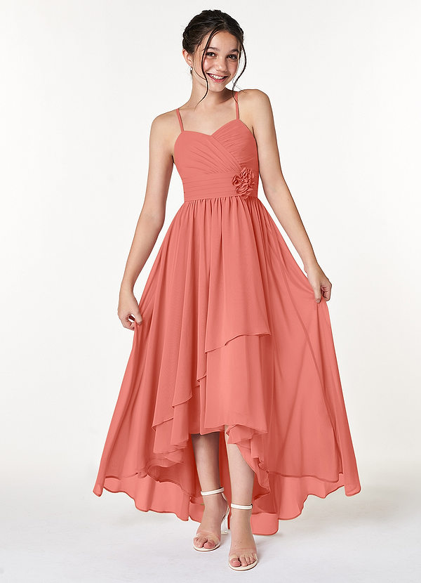 Azazie Catalina Junior Salmon Pink A-Line Ruched Chiffon Dress image1
