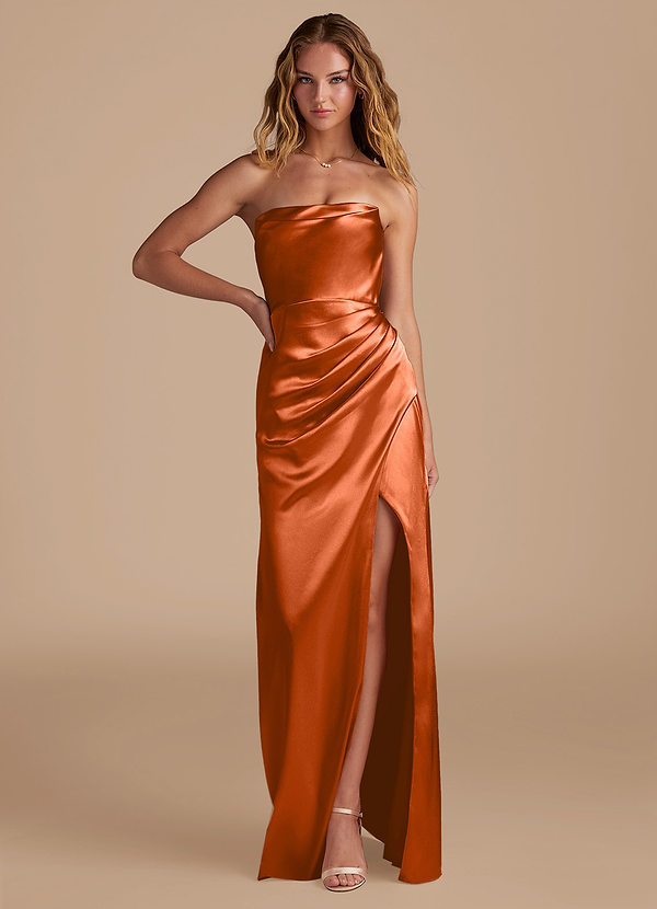 Azazie Leonis Bridesmaid Dresses Burnt Orange Mermaid Pleated Metallic Satin Convertible Dress image1