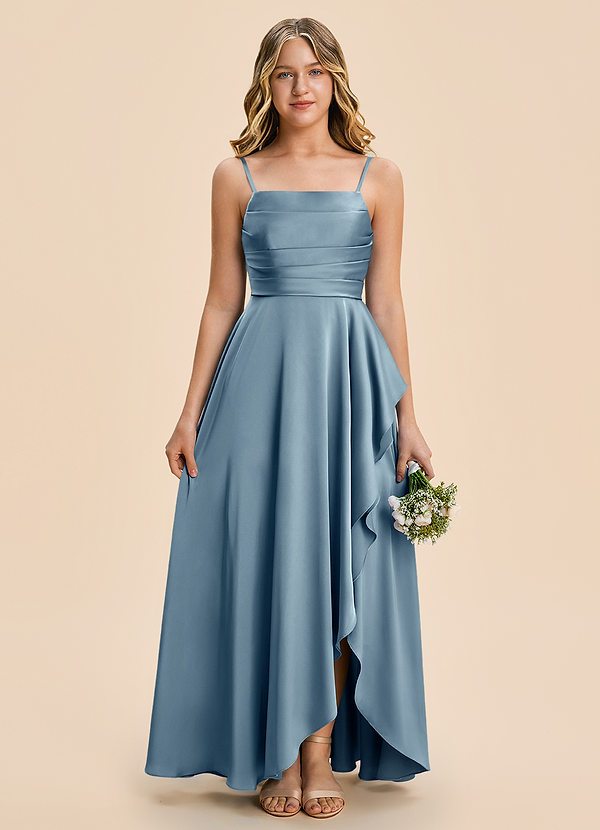 Azazie Naveah Junior Dusty Blue A-Line Ruched Stretch Satin Dress image1