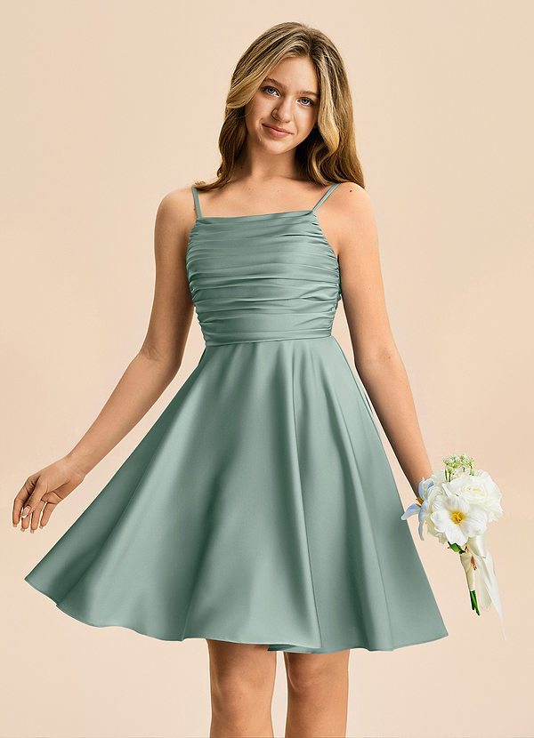 Azazie Miko Junior Silver Sage A-Line Pleated Stretch Satin Dress image1