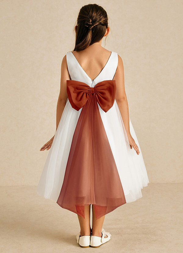 Azazie Kavi Flower Girl Dresses Ivory Paprika A-Line Bow Matte Satin Dress image1