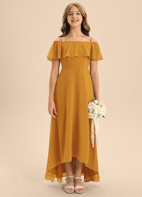 Azazie Maggie Junior A-Linie Schulterfrei Chiffon Kleid Butterscotch image1