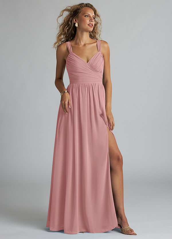 Azazie Aziza Bridesmaid Dresses Dusty Rose A-Line V-Neck Pleated Chiffon Dress image1