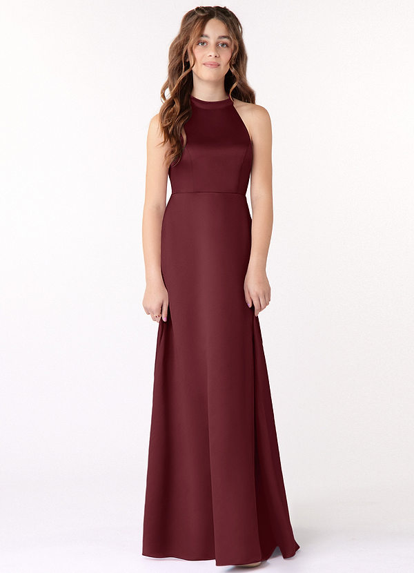 Azazie Laurel Junior Cabernet A-Line Stretch Satin Dress image1