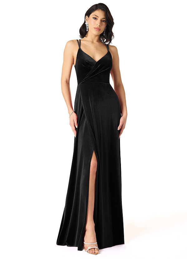 Azazie Hapa Brautjungfernkleider A-Linie Spitze Samt Kleid Schwarz image1