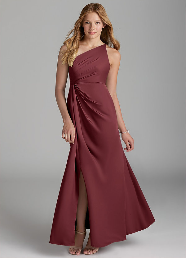 Azazie Mika Junior Robe Trapèze en Satin extensible Plissée Merlot image1