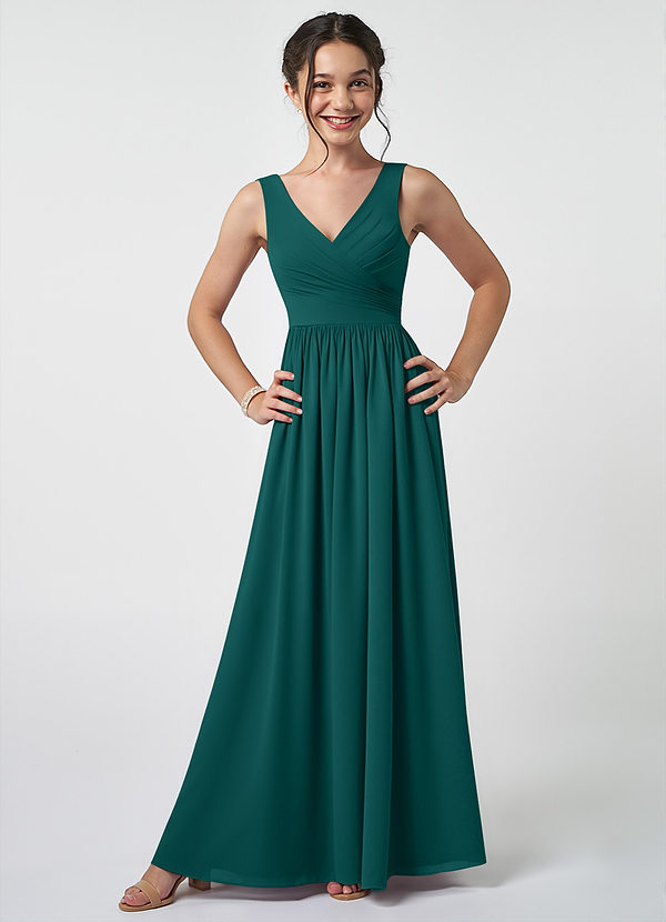 Azazie Keyla Junior Abito A-Line in Chiffon Plissettato Verde Pavone image1