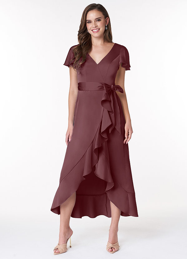 Azazie Lexis Bridesmaid Dresses A-Line Ruched Stretch Satin Asymmetrical Dress image1