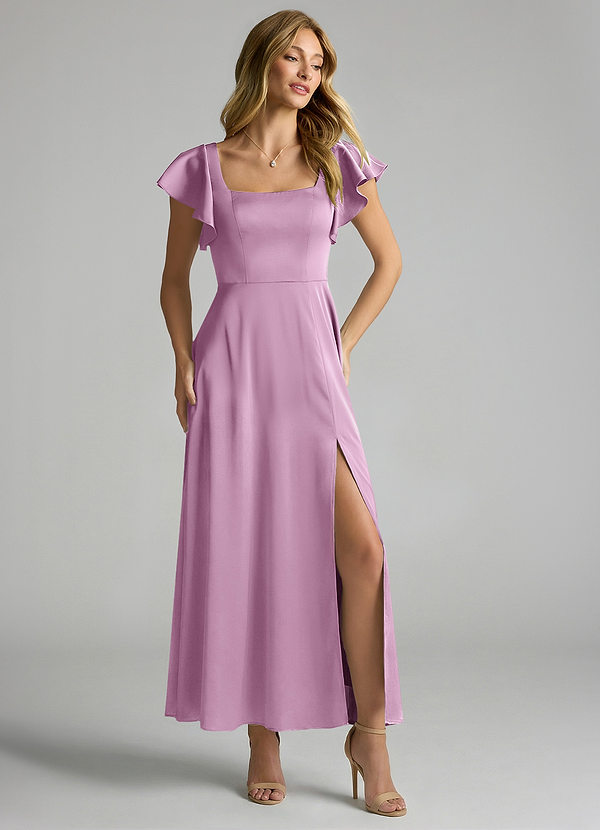 Azazie Bondi 신부 들러리 드레스 A라인 셔링 스트레치 새틴 발목 길이 드레스 image1