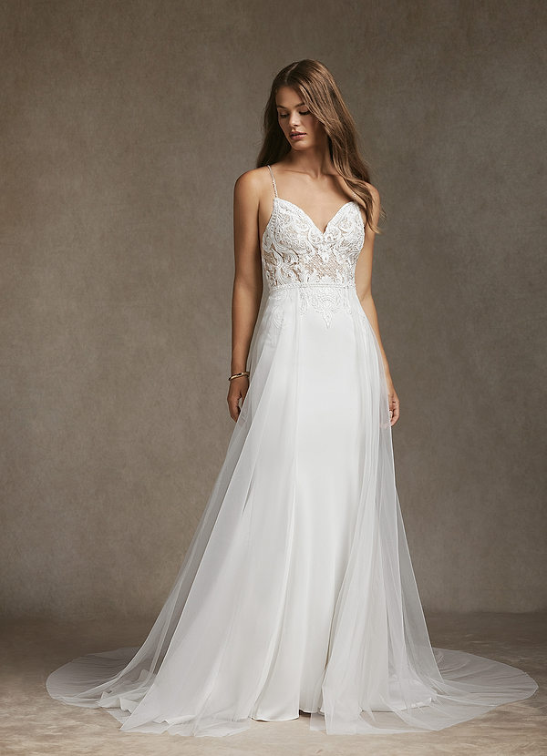 Azazie Saffron Vestidos de Novia Vestido de Blanco Diamante Nude de Crepé elástico de Corte Sirena con Lentejuelas Corazón image1