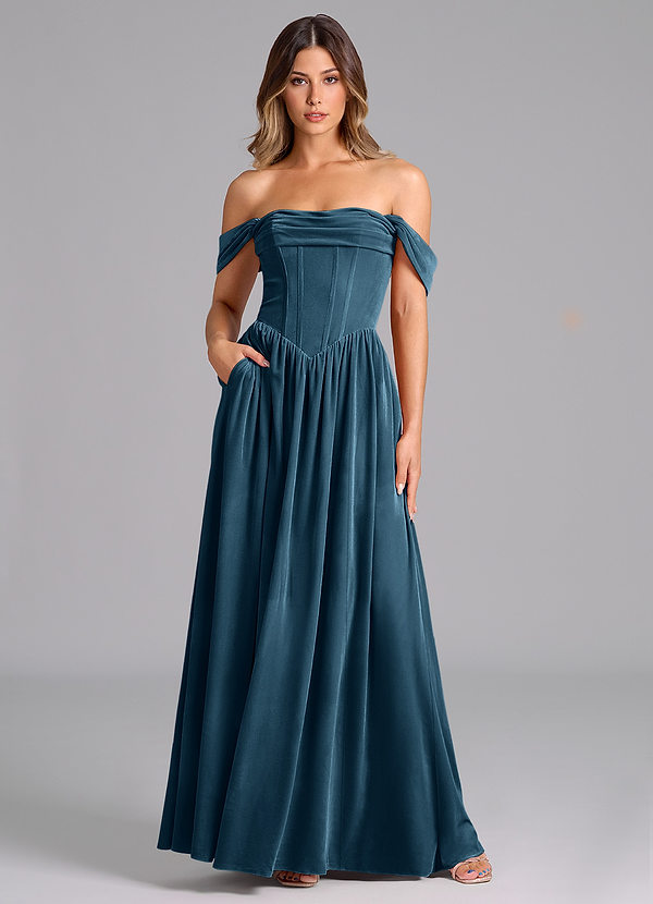 Azazie Hattie Bridesmaid Dresses Blue Topaz A-Line Ruched Velvet Dress image1