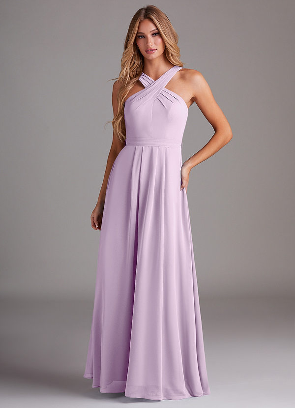 Azazie Dixie Bruidsmeisjesjurken Jurk van Chiffon met A-lijn Houder Gevouwen Frosted Lila image1