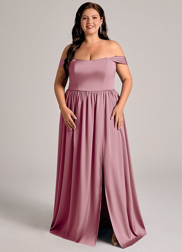 Azazie Calianna Bridesmaid Dresses Vintage Mauve A-Line Off the Shoulder Stretch Satin Convertible Dress image1