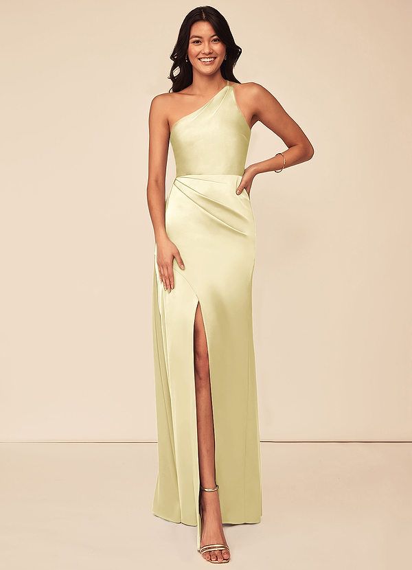 Azazie Maron Šaty pro družičky A-Line Jedno rameno Strečový satén Délka podlahy Šaty image1