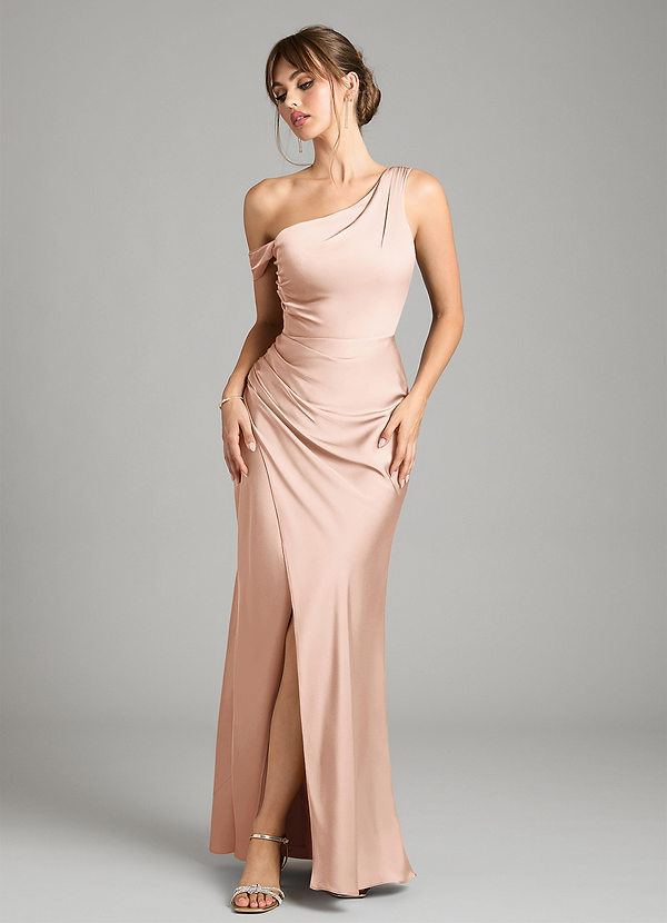 Azazie Madelyn Bridesmaid Dresses Rose Gold Mermaid One Shoulder Stretch Satin Convertible Dress image1