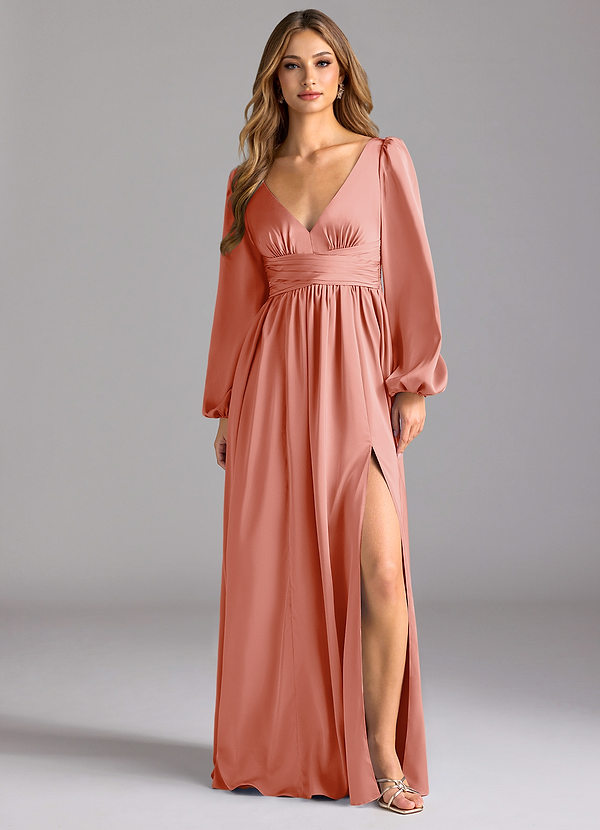 Azazie Norah Abiti da Damigella Abito A-Line in Raso Elasticizzato Corallo image1