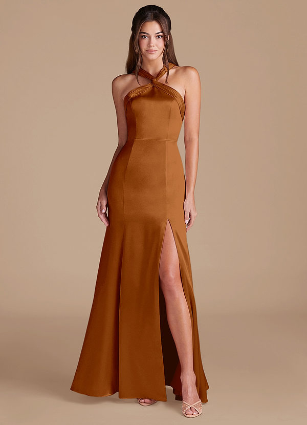 Azazie Rue Bridesmaid Dresses Copper Mermaid Pleated Metallic Satin Dress image1